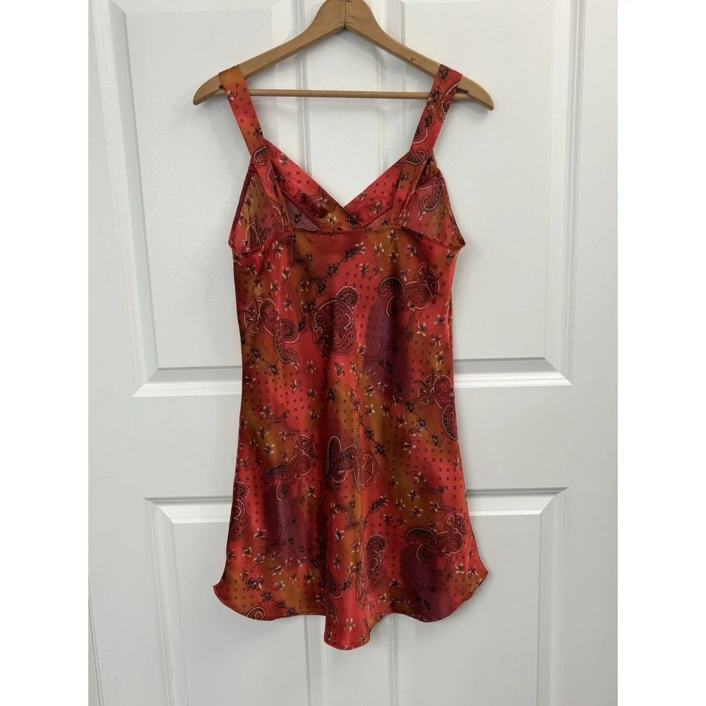 VTG whimsigoth Satin Slip Dress Red Paisley Fairy Grunge Y2K Velvet Trim M 0362 - Picture 5 of 7